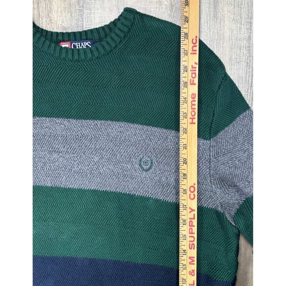 Vintage Chaps Ralph Lauren Rugby Sweater Green Gray Striped Men’s Large Crest - Picture 10 of 12